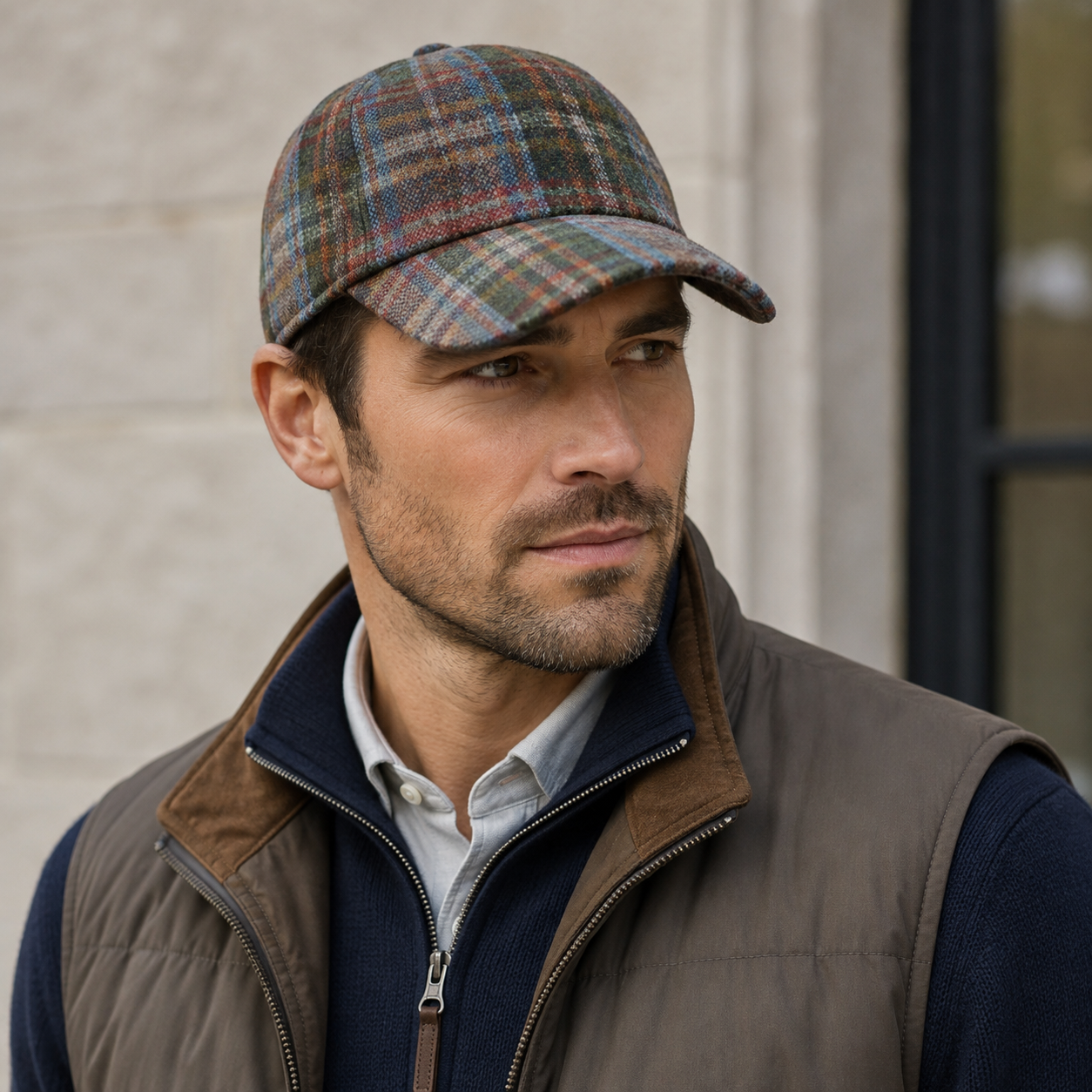 A man wearing the Wigens Baseball Urban Cap 120720, a brown quilted vest, and a navy zip-up sweater stands outside near a stone wall and window.