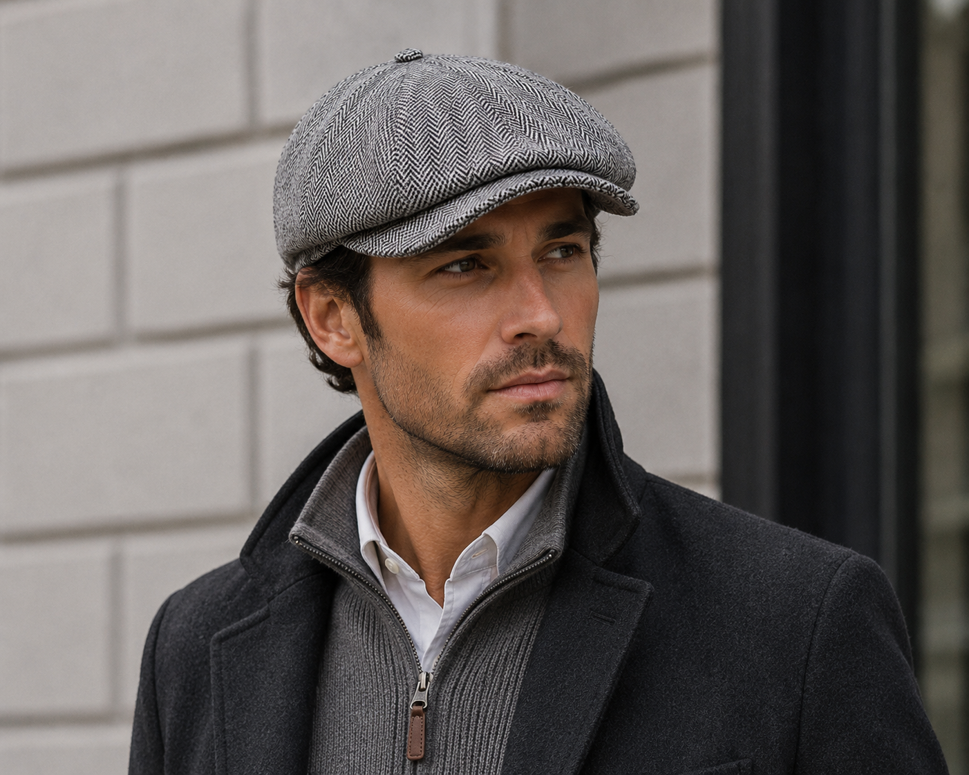 A man wearing the Wigens Wool Herringbone Newsboy Cap 101155 by Wigens, along with a zip-up sweater and dark coat, stands outdoors in front of a light brick wall, looking to his left.