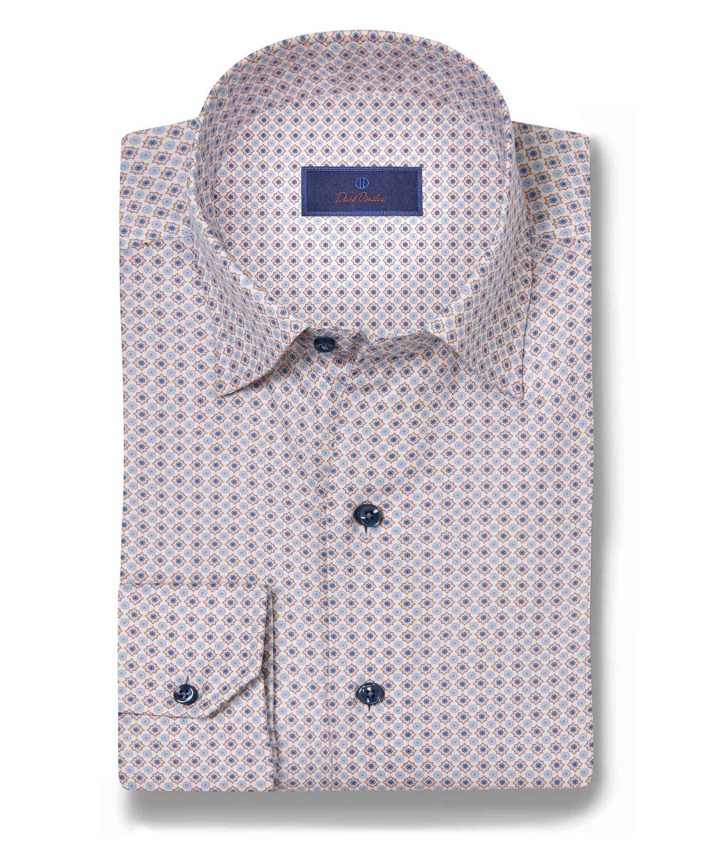The David Donahue Geometric Print Sport Shirt (CHBD10605) features a blue and orange small geometric pattern, US Pima Cotton twill, a spread collar, long sleeves, and dark buttons.
