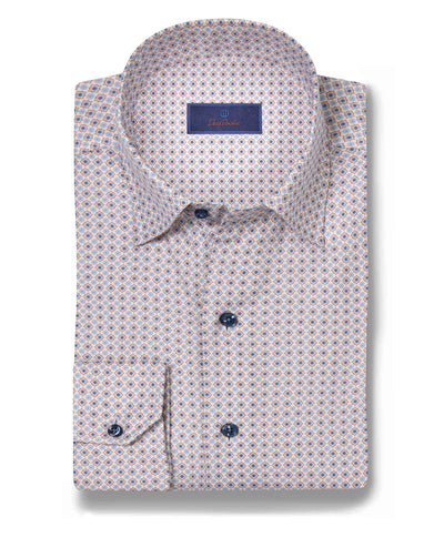 The David Donahue Geometric Print Sport Shirt (CHBD10605) features a blue and orange small geometric pattern, US Pima Cotton twill, a spread collar, long sleeves, and dark buttons.