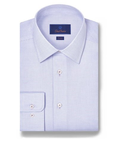 A folded lilac David Donahue OP Micro Dobby Dress Shirt with a pointed collar, white buttons, and a label displaying the brand and Trim fit.
