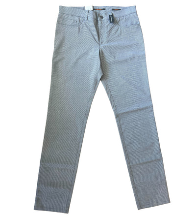 The Alberto Ceramica Pipe 1351 pants by Alberto in light gray feature front pockets and belt loops, made from stretch fabric, shown flat on a white background.