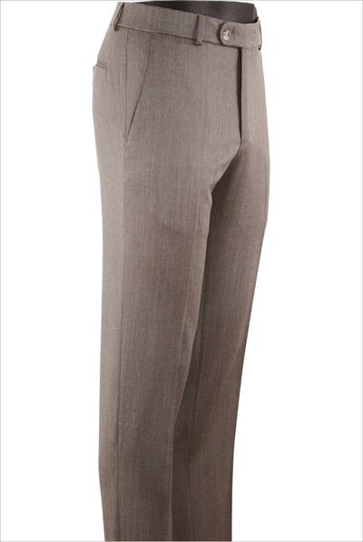 The Ballin Dunhill Pants Big & Tall M5298 by Ballin are light brown, lightweight Super 110's wool dress pants with a button and zipper closure, belt loops, and side pockets, shown on a white background.