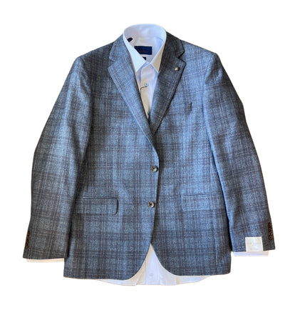 The Jack Victor Sport Coat 1252227 in gray plaid with a subtle windowpane pattern, two buttons, and notch lapels is shown over a white dress shirt on a flat white background.