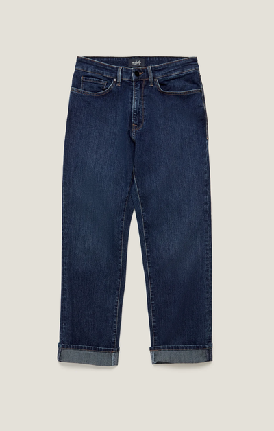 A pair of 34 Heritage Charisma Mid Comfort straight leg pants in dark blue, featuring rolled cuffs, front pockets, and a zipper fly, crafted from comfort denim and displayed flat on a plain light background.