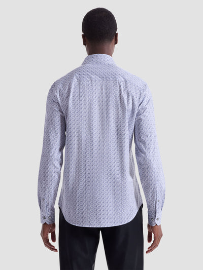 A man faces away, wearing a Bugatchi James Floral Check Sport Shirt HF9051K60 and black pants against a plain light background.