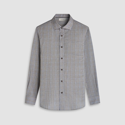The Bugatchi Axel Grid Sport Shirt HS3285L7S is a 100% cotton, long-sleeve shirt with a light gray and blue geometric check pattern and a spread collar, displayed on a plain white background.