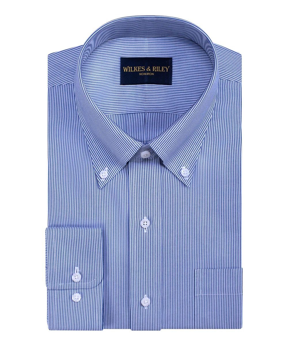 The Wilkes & Riley Blu Str Btn Dwn B1356 is a blue and white striped dress shirt with non-iron Supima cotton, button-down collar, front pocket, and a Wilkes & Riley label inside the collar.