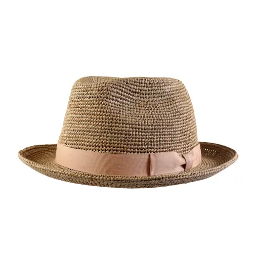 The Wigens Classic Hat 140321 is a brown raffia straw fedora summer hat with a wide brim and a light tan ribbon band, crafted by Wigens.