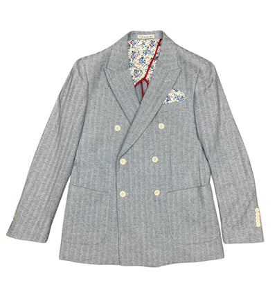 The 7 Downie St Dorval Sport Coat by 7 Downie St features a light gray double-breasted design with white buttons and floral lining visible at the collar and pocket square areas.