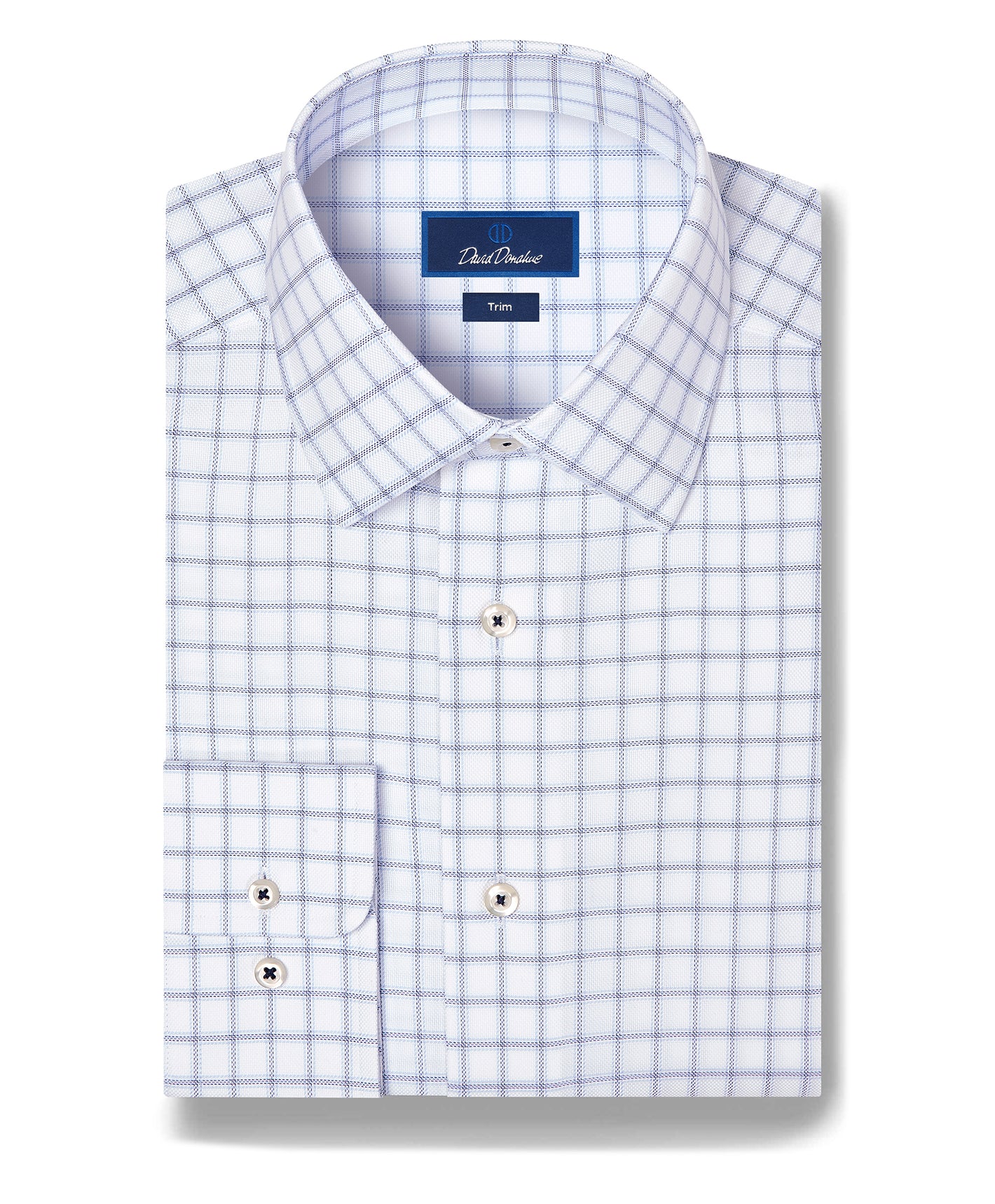 Folded long-sleeve men’s dress shirt featuring a white base with a blue windowpane check pattern, buttoned cuffs, and a label reading David Donahue. This classic David Donahue Windowpane Check Dress Shirt (TBSP13810) is crafted from Pima cotton for enhanced softness and durability.