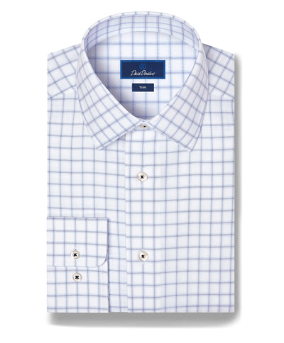 Folded long-sleeve men’s dress shirt featuring a white base with a blue windowpane check pattern, buttoned cuffs, and a label reading David Donahue. This classic David Donahue Windowpane Check Dress Shirt (TBSP13810) is crafted from Pima cotton for enhanced softness and durability.
