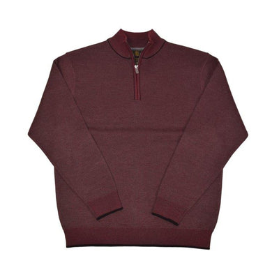 The F/X Fusion 1/4 Zip Sweater 10067 B&T in maroon is laid flat on a white background, highlighting its classic birdseye knit and stylish long sleeves.