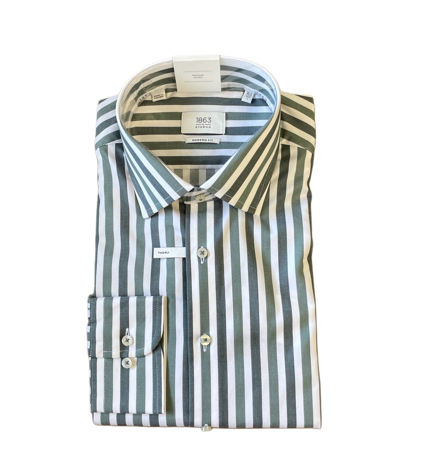 The Eterna Modern Kent Shirt 1211-X669 is a folded men's twill shirt featuring vertical green and white stripes, buttoned cuffs, a Kent collar, and an Eterna brand label inside the collar.