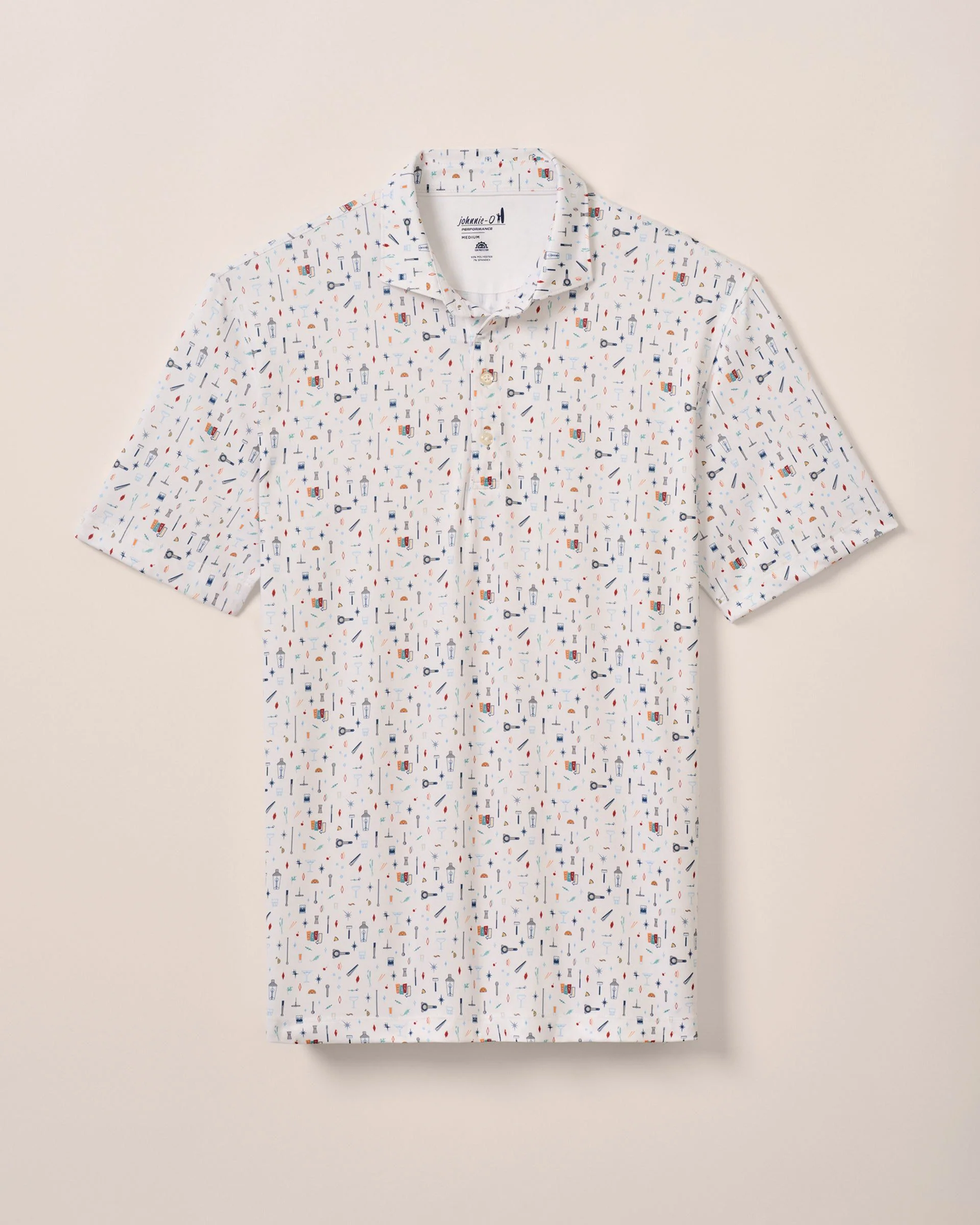 The Johnnie-O Bar Cart Big & Tall SS Polo by Johnnie-O is a white, short-sleeve, collared performance shirt with a multicolor geometric print and UPF 50 protection, shown on a plain background.