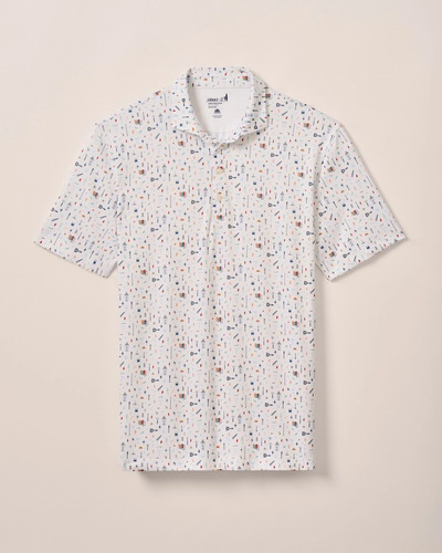 The Johnnie-O Bar Cart Big & Tall SS Polo by Johnnie-O is a white, short-sleeve, collared performance shirt with a multicolor geometric print and UPF 50 protection, shown on a plain background.