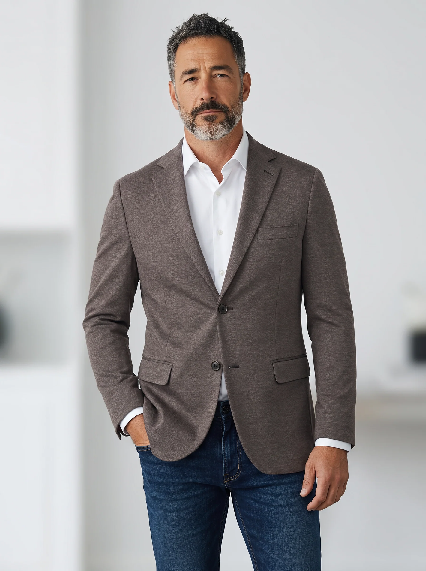 A man with short dark hair and a beard is wearing the 7 Downie St Alden Sport Coat Big & Tall by 7 Downie St over a white shirt and blue jeans, standing in a light, modern room.