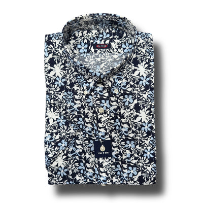 The Batton Ryland Big & Tall Sport Shirt features a navy, white, and light blue floral pattern in 100% cotton, displayed against a white background.