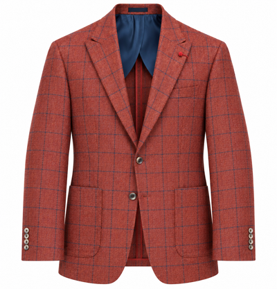 The TailoRed Garro Rust Sport Coat 8110694 by TailoRed features a red plaid design with a notched lapel, two front buttons, three patch pockets, and four cuff buttons. Expertly crafted from luxurious Italian lambswool cashmere, this men’s fall blazer is showcased against a white background.