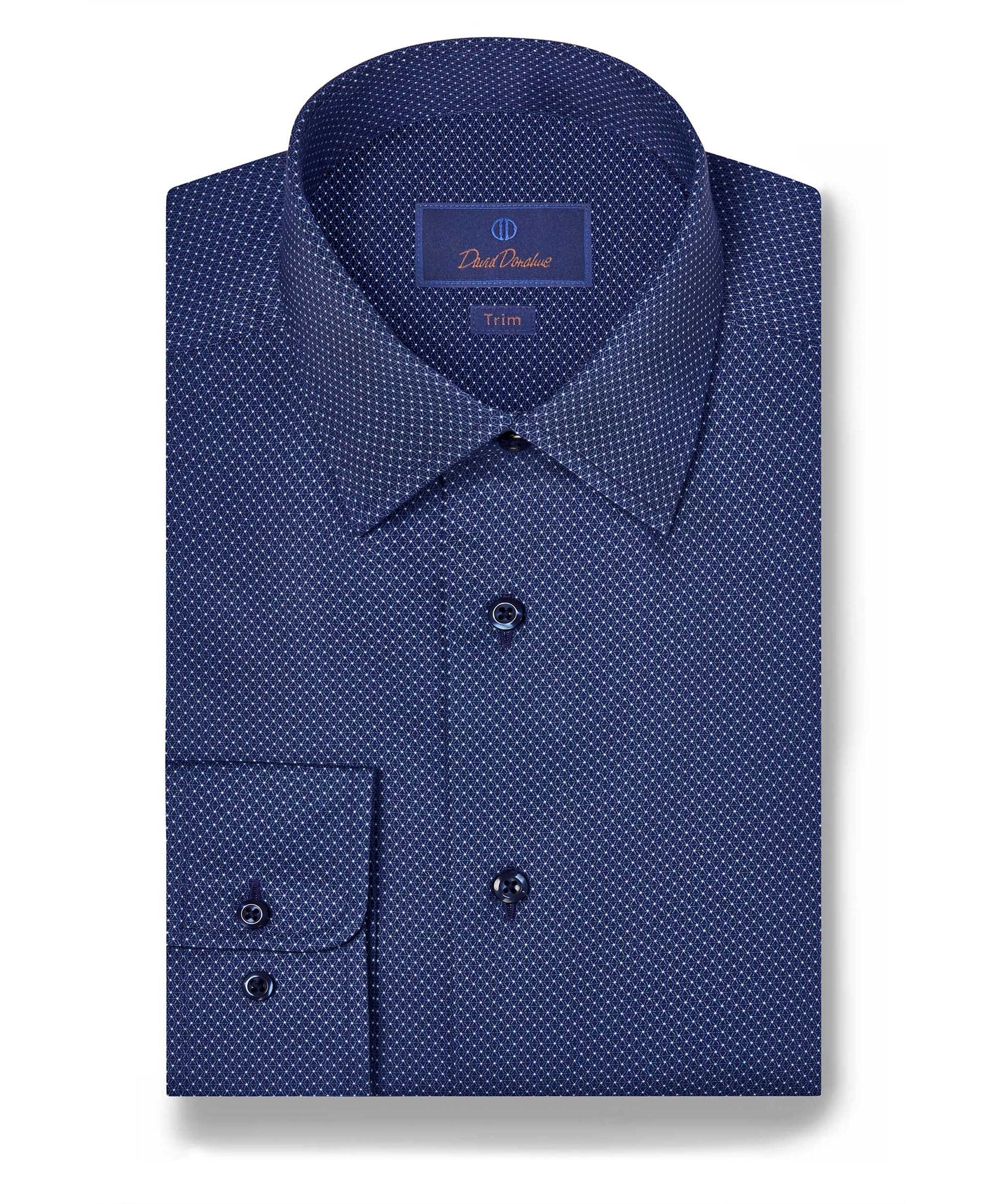 The David Donahue Textured Dot Shirt TBSP11006 is a folded, long-sleeve button-up in dark blue with a navy dot print, expertly crafted from luxurious Pima cotton.