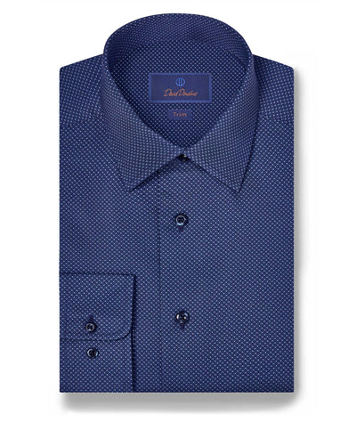 The David Donahue Textured Dot Shirt TBSP11006 is a folded, long-sleeve button-up in dark blue with a navy dot print, expertly crafted from luxurious Pima cotton.
