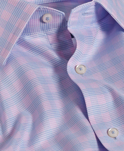 Close-up of the David Donahue Twill Check TBSP10810 shirt, featuring a spread collar, pink and light blue checks, white buttons, and crafted from premium US Pima cotton by David Donahue.