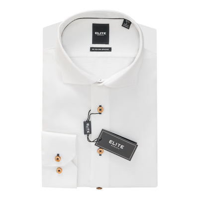The Elite White Dress Shirt E-2562002, made of 100% cotton with brown buttons, is neatly folded and labeled Elite on the collar and tags, displayed against a white background.