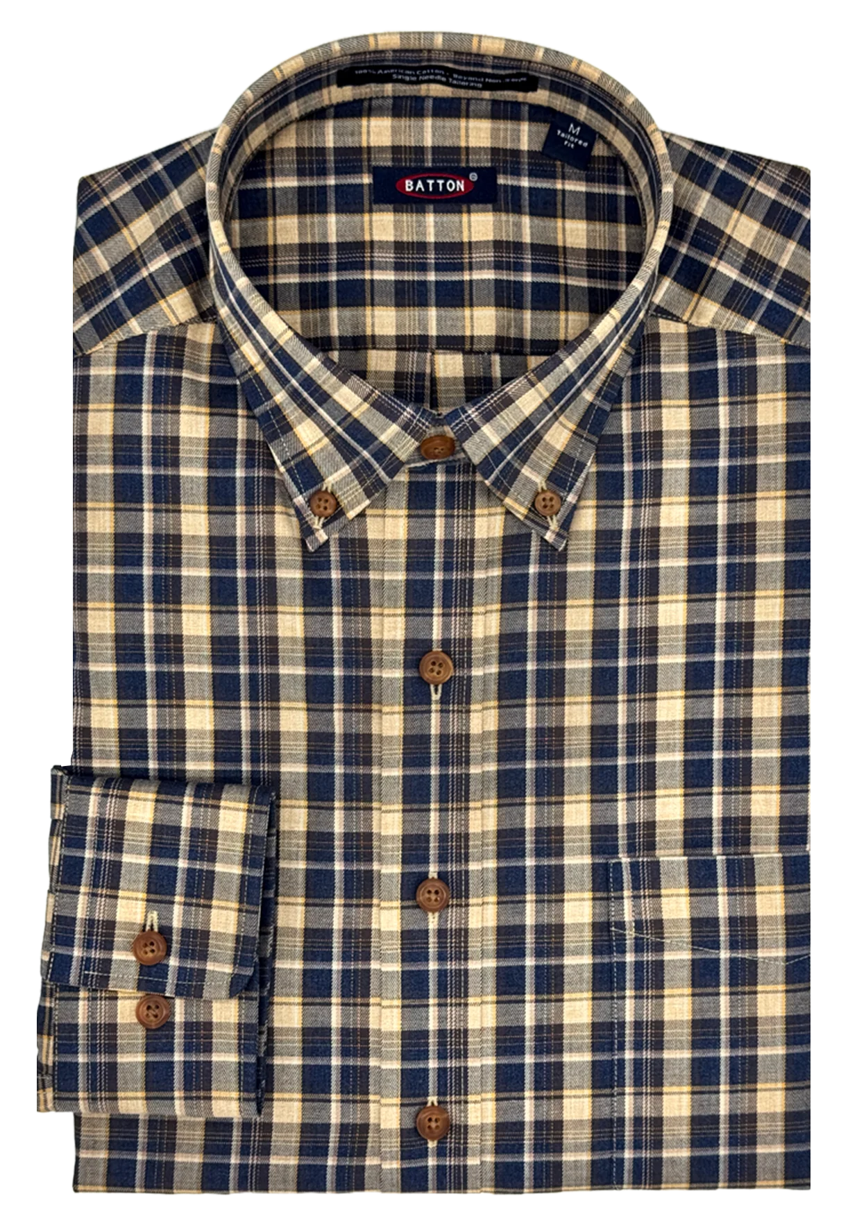 The Batton Audell Big & Tall Plaid Shirt 7215-99 is a folded, long-sleeve men's button-down in navy, beige, and white plaid with brown buttons and a Batton label inside the collar—offering classic style and comfort.