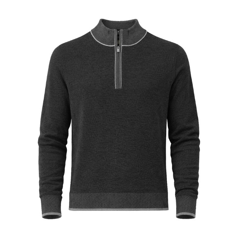 The F/X Fusion 1/4 Zip Big & Tall Sweater 10067 by F/X Fusion is a dark gray quarter zip sweater featuring a stand-up collar, long sleeves, and light gray trim along the cuffs, hem, collar, and zipper. This stylish birdseye knit design delivers both comfort and sophistication for any occasion.