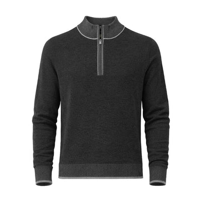 The F/X Fusion 1/4 Zip Big & Tall Sweater 10067 by F/X Fusion is a dark gray quarter zip sweater featuring a stand-up collar, long sleeves, and light gray trim along the cuffs, hem, collar, and zipper. This stylish birdseye knit design delivers both comfort and sophistication for any occasion.