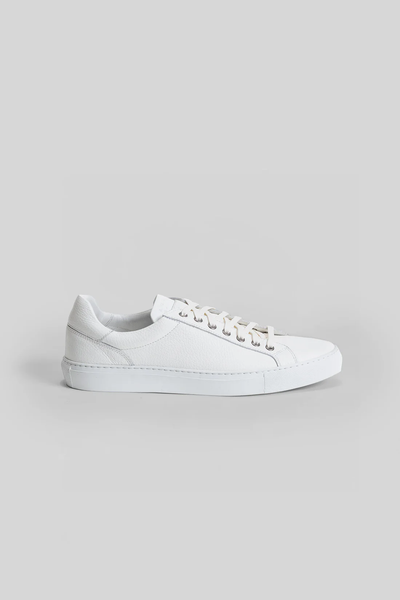The Robert Barakett Terrence Leather Sneaker is a minimalist white dress-casual shoe with white laces and a flat rubber sole, crafted from premium Italian calfskin and shown on a plain light grey background.