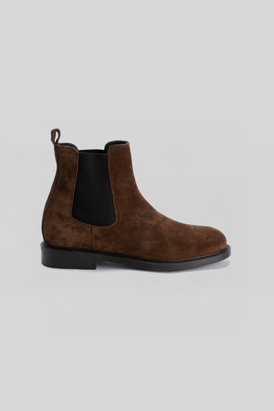 The Robert Barakett Murphey Chelsea Boot features Italian suede, a black elastic side panel, low black heel, and a memory foam-cushioned footbed for comfort—all displayed on a light gray background.