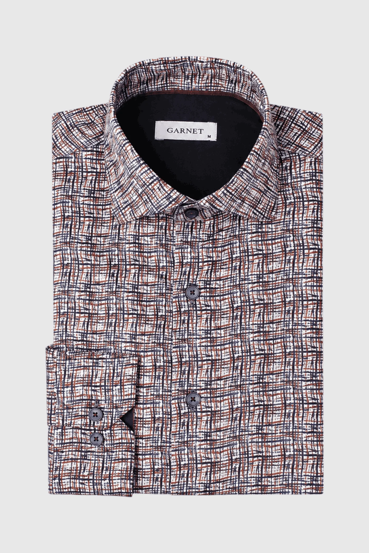 A folded Garnet Vincent Tile Print Sport Shirt 2621032 features a multicolored geometric grid pattern and a visible GARNET label inside the collar.