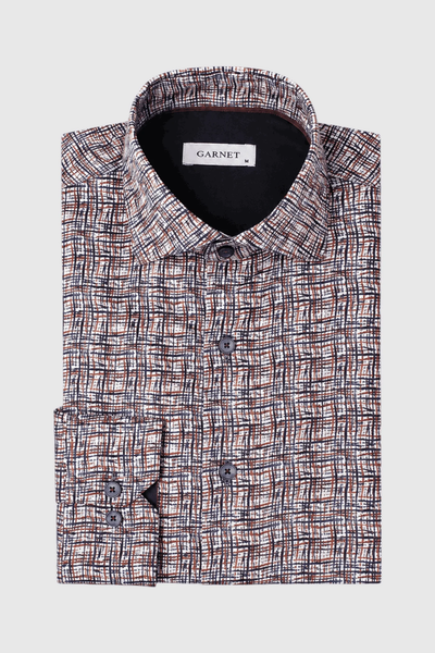 A folded Garnet Vincent Tile Print Sport Shirt 2621032 features a multicolored geometric grid pattern and a visible GARNET label inside the collar.