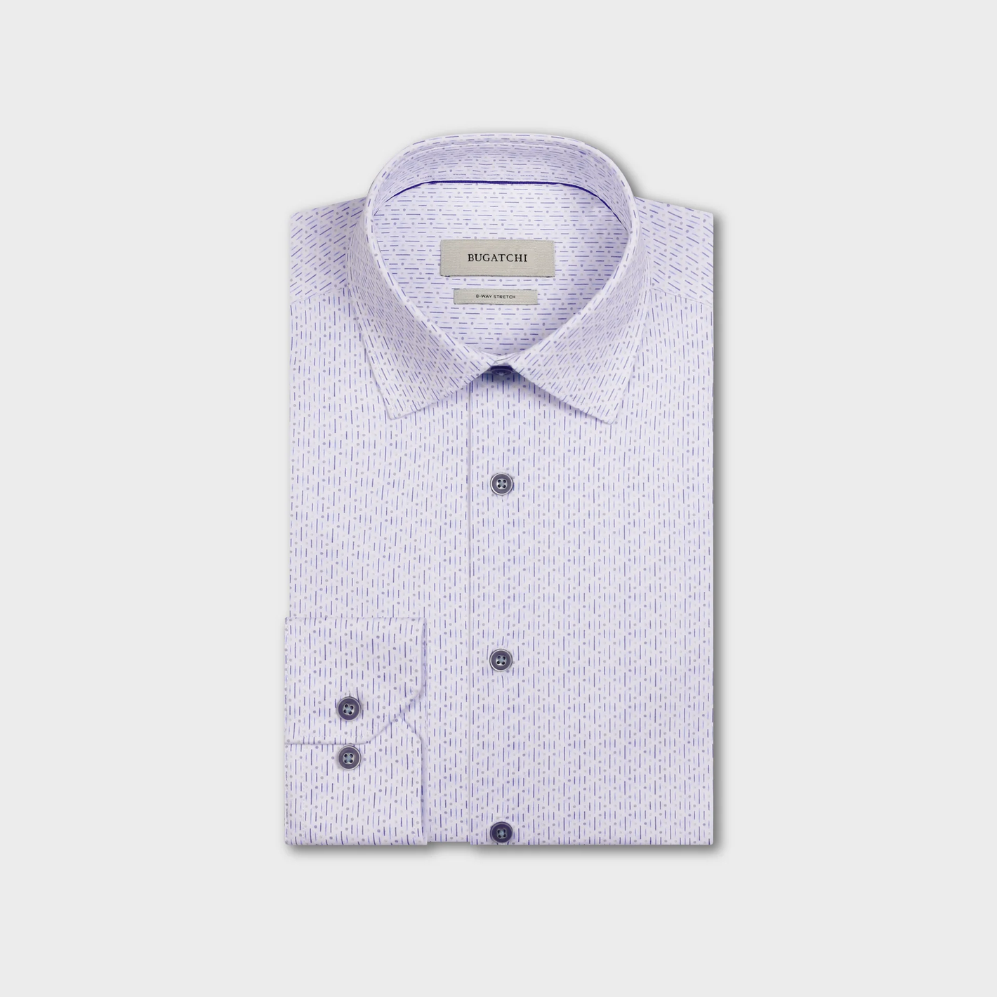 A folded light purple Bugatchi OP James OoohCotton® Shirt (JF9216K60) with geometric print, spread collar, and buttoned cuffs is displayed against a plain white background.
