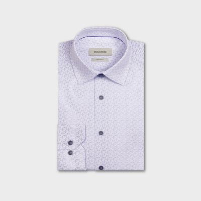 A folded light purple Bugatchi OP James OoohCotton® Shirt (JF9216K60) with geometric print, spread collar, and buttoned cuffs is displayed against a plain white background.