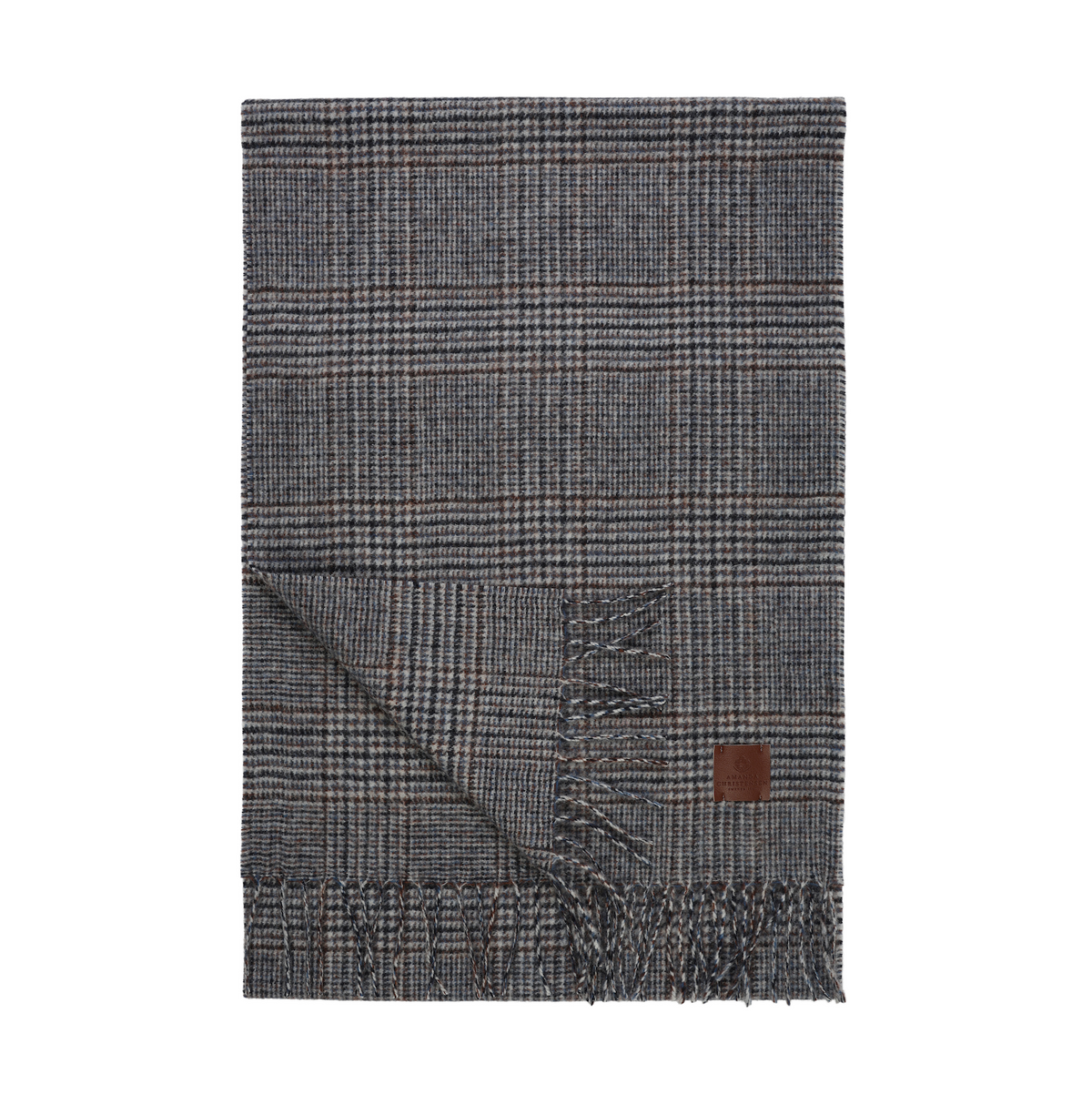 Amanda Christensen Plaid Wool Melange Scarf 440795 in grey, blue, and brown herringbone wool with fringe and a leather logo patch.