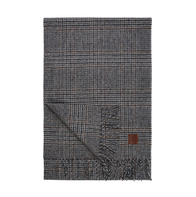 Amanda Christensen Plaid Wool Melange Scarf 440795 in grey, blue, and brown herringbone wool with fringe and a leather logo patch.