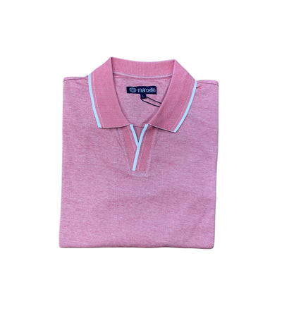 The Marcello Polo P-229 by Marcello is a folded pink open collar polo shirt with white and light blue trim, buttonless placket, and crafted from cotton poly viscose, displayed on a white background.