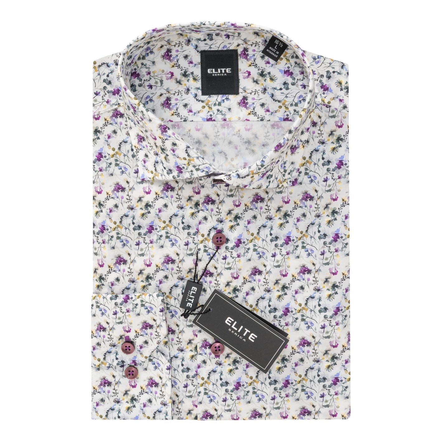 The Elite Sport Shirt E-SP2559015 is a long-sleeve, folded floral print shirt by Elite, featuring a small purple, yellow, and green design on white 100% cotton fabric with purple buttons and brand tags for added comfort and style.