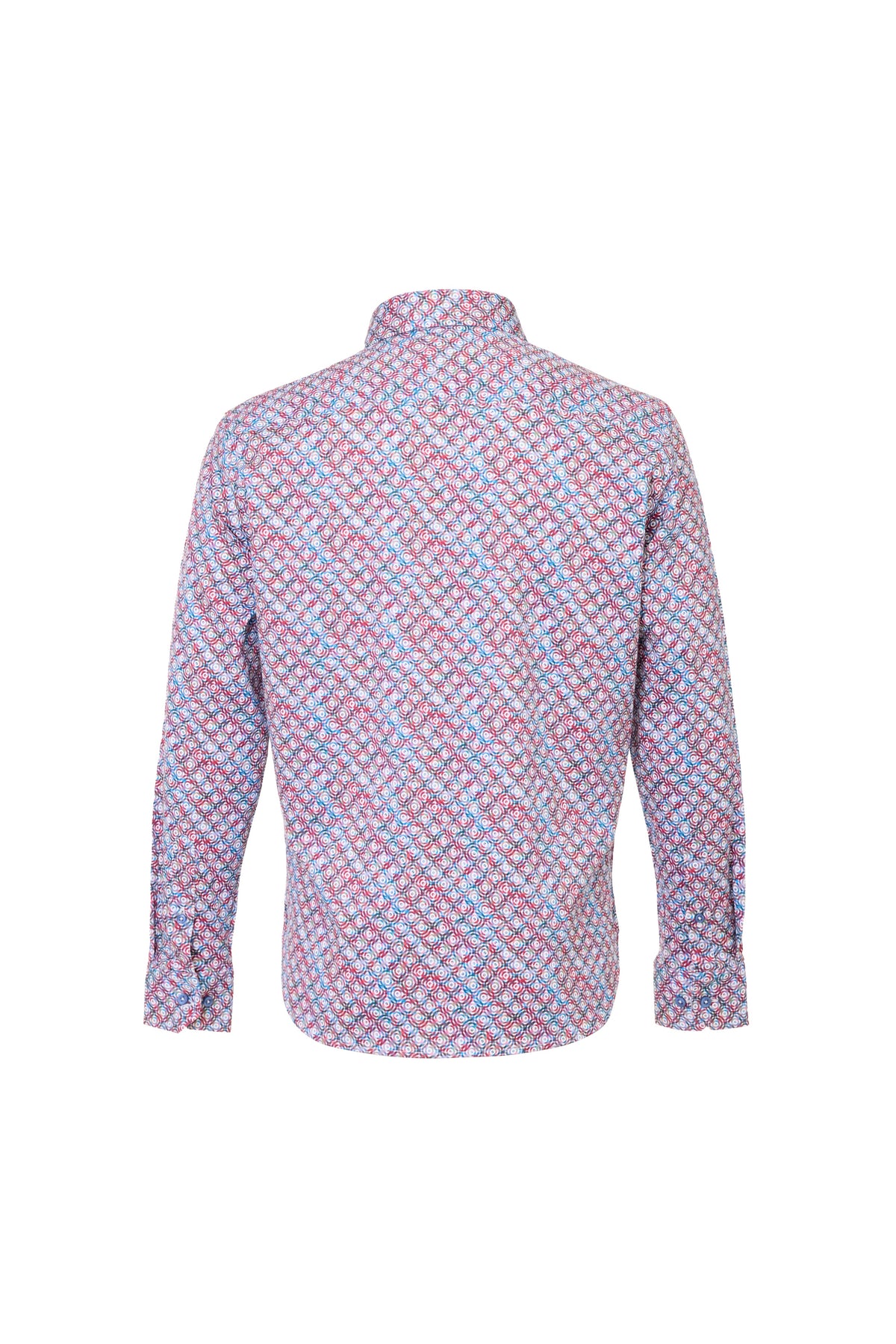 Back view of a Luchiano Visconti LS Print Shirt IGTDRT55 featuring a repeating red, blue, and white geometric bullseye pattern.