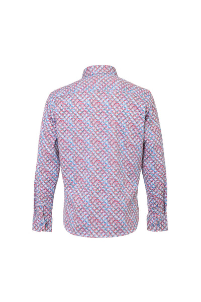 Back view of a Luchiano Visconti LS Print Shirt IGTDRT55 featuring a repeating red, blue, and white geometric bullseye pattern.