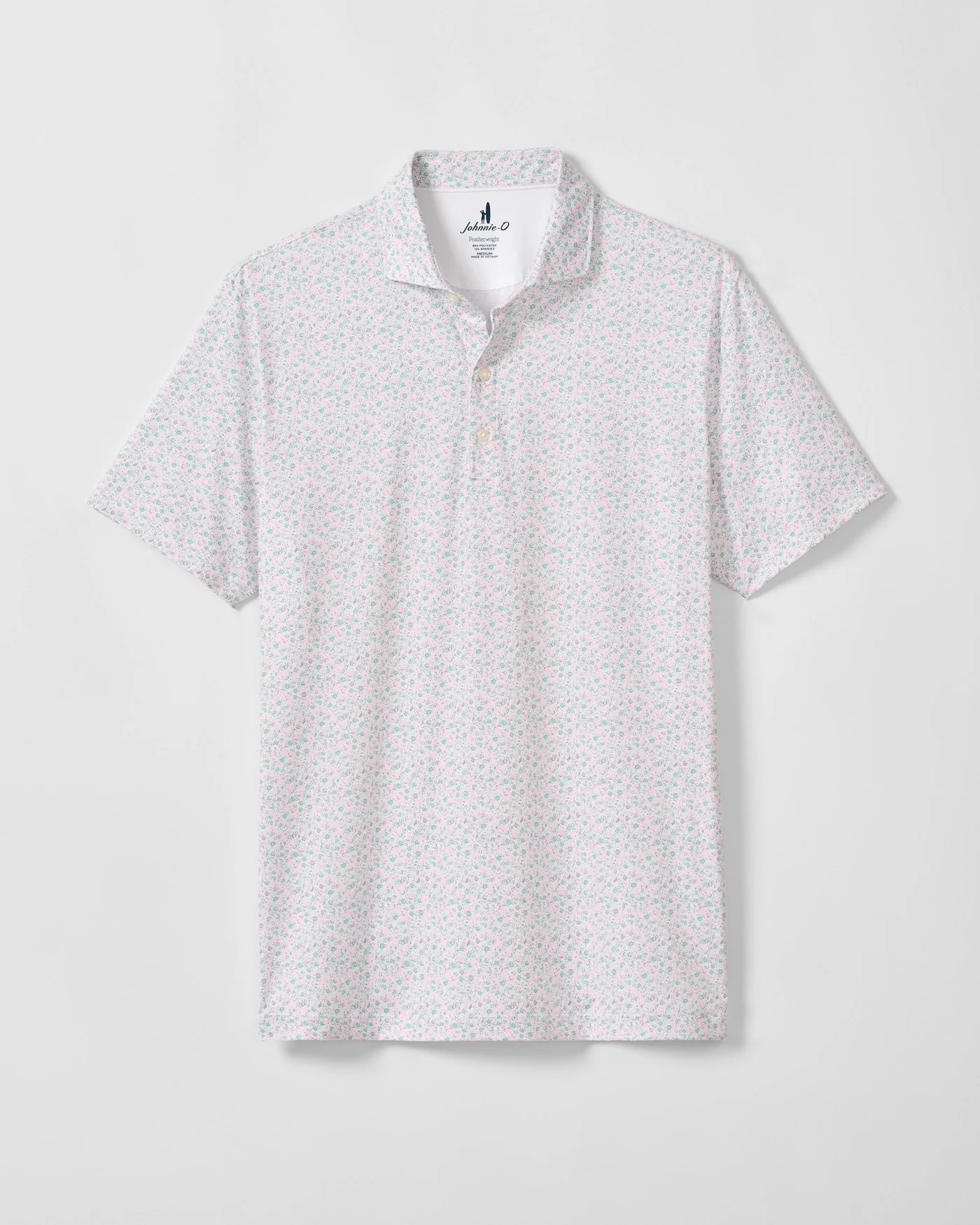 The Johnnie-O Marietta Big & Tall Knit Polo by Johnnie-O features short sleeves, a featherweight feel, subtle floral print, flat collar, and two-button neck for comfort and style. UPF 50 sun protection. Shown on a plain background.