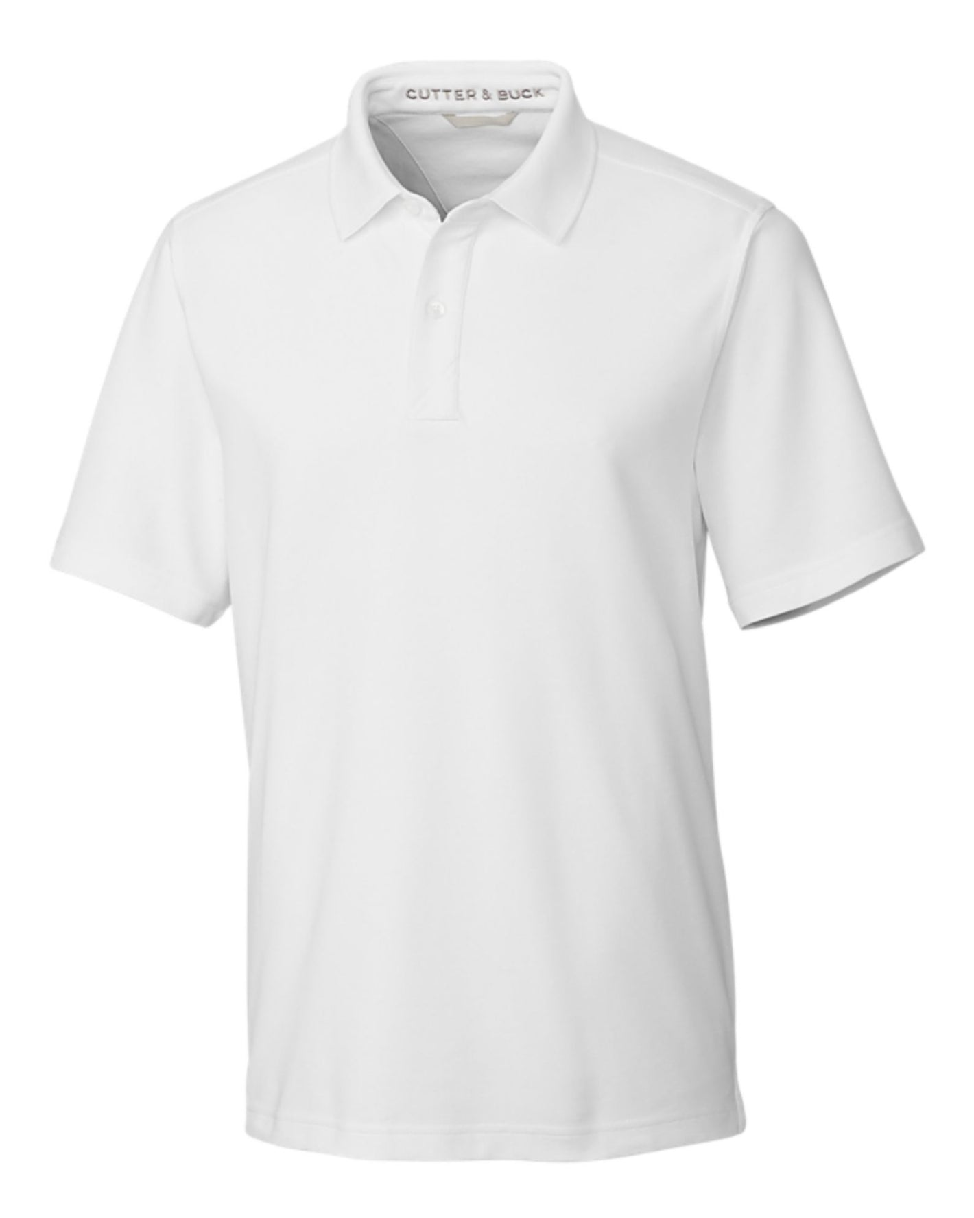 The Cutter & Buck Breakthrough Polo Big & Tall is a white short-sleeve polo shirt with a collar and three-button placket, made from moisture-wicking fabric for all-day comfort.