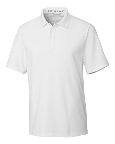 The Cutter & Buck Breakthrough Polo Big & Tall is a white short-sleeve polo shirt with a collar and three-button placket, made from moisture-wicking fabric for all-day comfort.