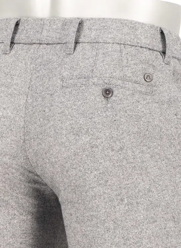 Close-up of the back of Alberto LOU Italian Wool & Silk Blend Tweed Pants – Light Grey, showing a buttoned welt pocket, belt loops, and a light grey wool silk blend tweed construction.