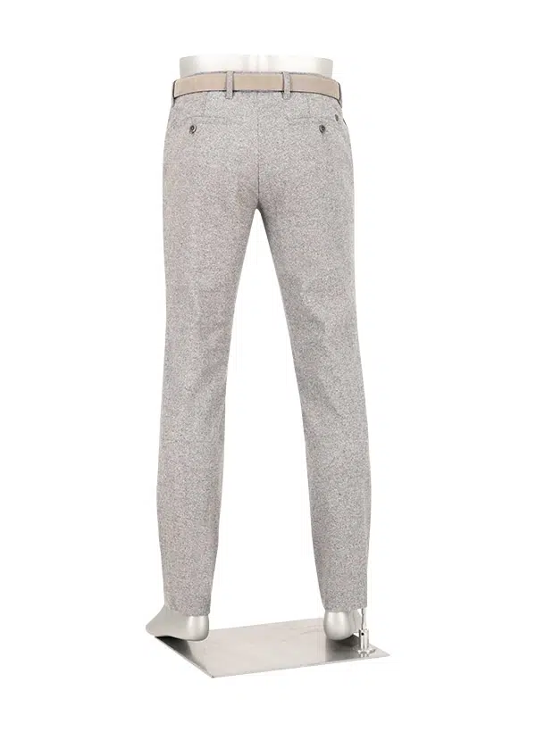 Back view of Alberto LOU Italian Wool & Silk Blend Tweed Pants – Light Grey on a mannequin, featuring a tan belt and two buttoned back pockets.