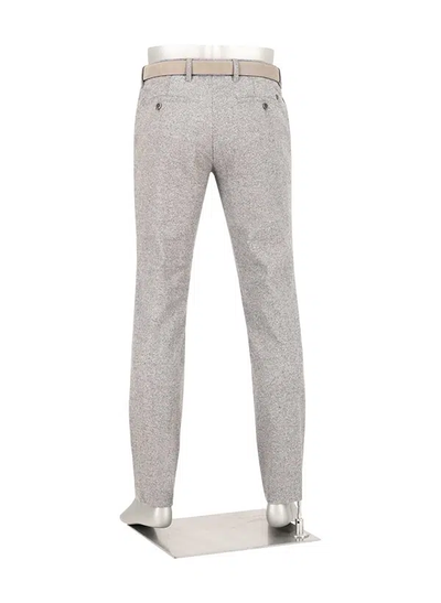 Back view of Alberto LOU Italian Wool & Silk Blend Tweed Pants – Light Grey on a mannequin, featuring a tan belt and two buttoned back pockets.