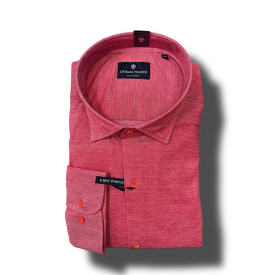 A folded red Luchiano Visconti Big & Tall Sport Shirt ST-5022 with a collar, long sleeves, and a 5 Way Stretch tag is displayed on a white background with a shadow.