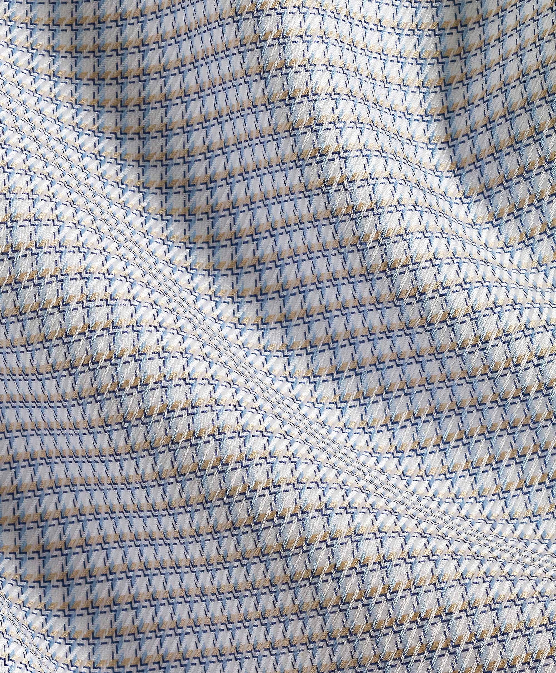 Close-up of the David Donahue Micro-Check Dress Shirt TBSP12807124, featuring a textured Pima cotton fabric with blue, brown, and white micro-check patterns and subtle waves and folds.
